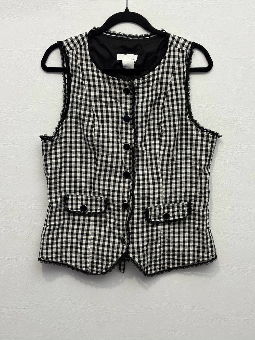 LIFE Black & White Gingham Button Front Lace Trim Vest XL